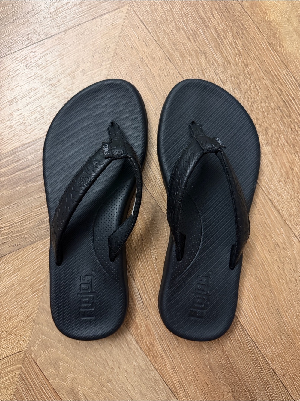 Flojos Black Floral-Embossed Flip Flops
